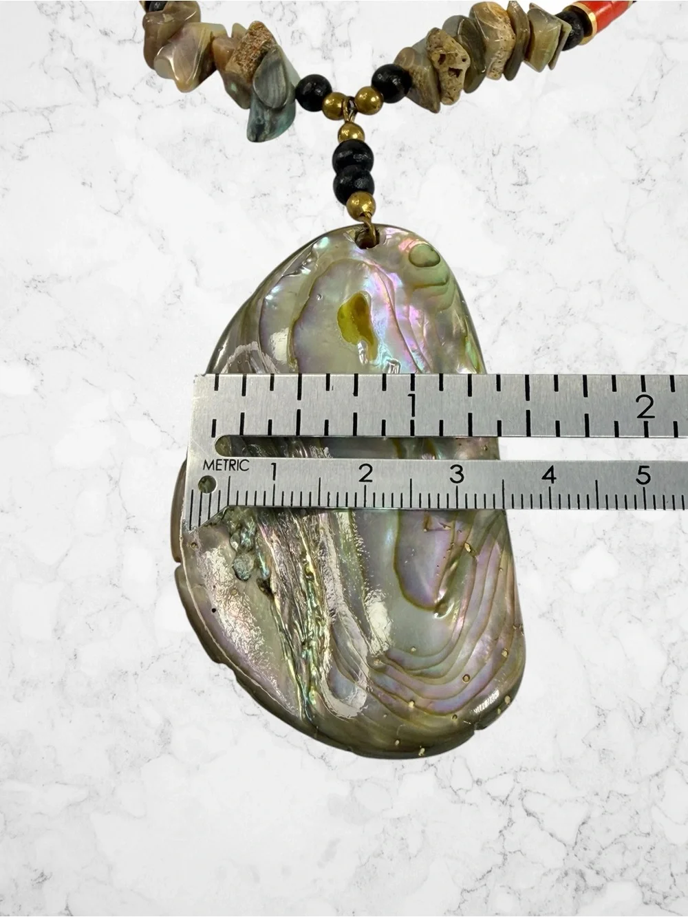 Boho Natural Abalone Shell MOP Statement Necklace Iridescent Chip Beaded 19”